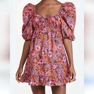 Anthropologie Floral Puff Sleeve Dress - Pink and Orange